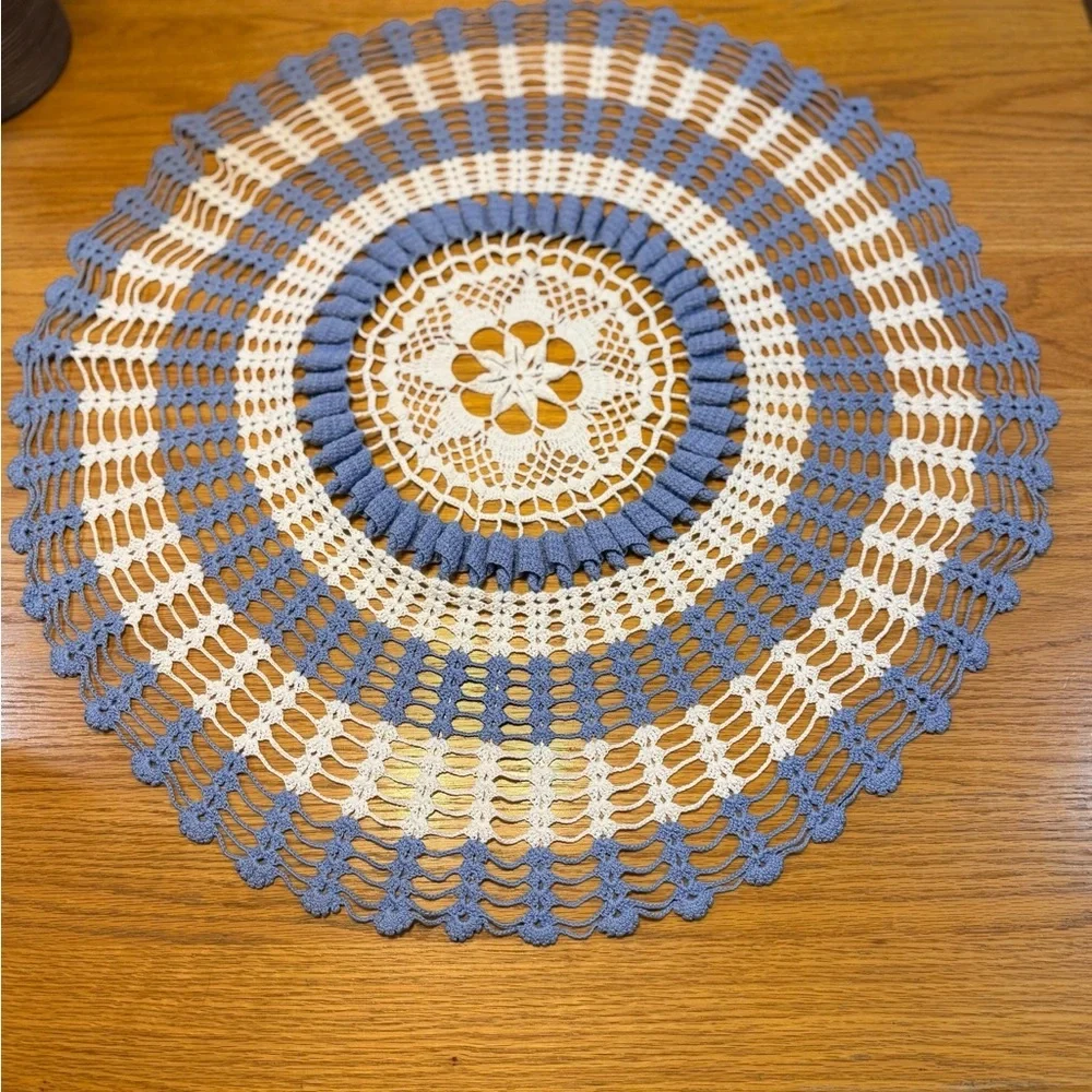 Vintage Hand crochet Blue & White Doily 31 Inch Diameter